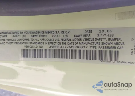 2006 Volkswagen New Beetle 2.5 из США, поврежденный, VIN 3VWRF31Y76M306837